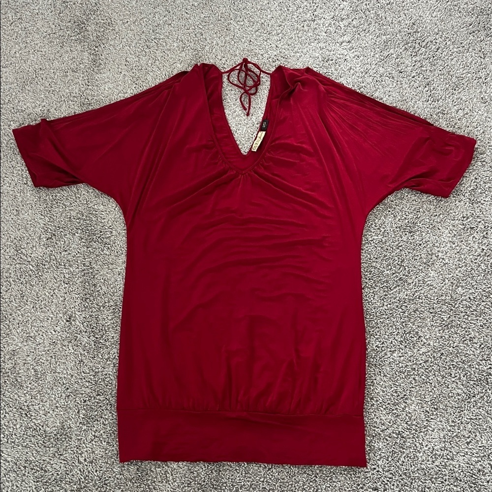 Guess Jeans Red Dress with Statement Sleeves Front and Back V w/ Back Tie Size L - Picture 4 of 10